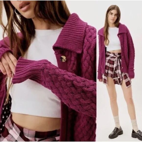 NWT $161 For Love And Lemons Florence Cable Knit Oversized Cardigan Fuchsia XXS - Picture 4 of 5